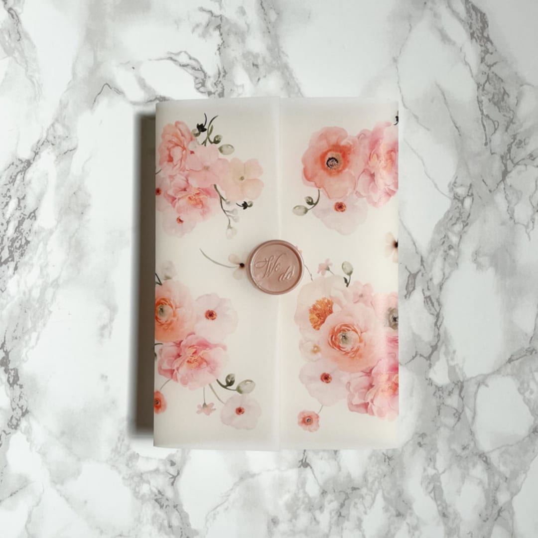 "Blush and Peach Floral Vellum Jackets (10 pack)" - Invitation Jackets and Overlays in pink by Carley Zuercher
