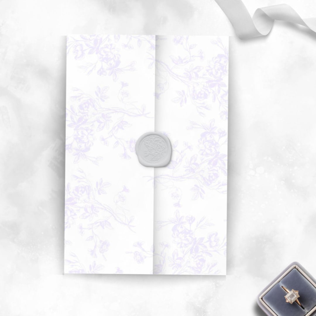 "Lilac Purple Vellum Invitation Jacket with Baroque Floral Pattern for 5 x 7 Wedding Invitations" - Invitation Jackets and Overlays in purple by Caroline Russo