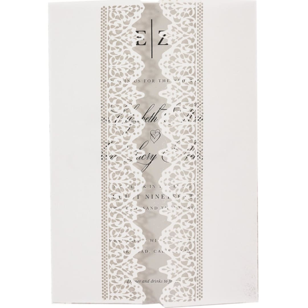 "Laser cut lace vellum jacket, Set of 10" - Invitation Jackets and Overlays in white by Self Stationery