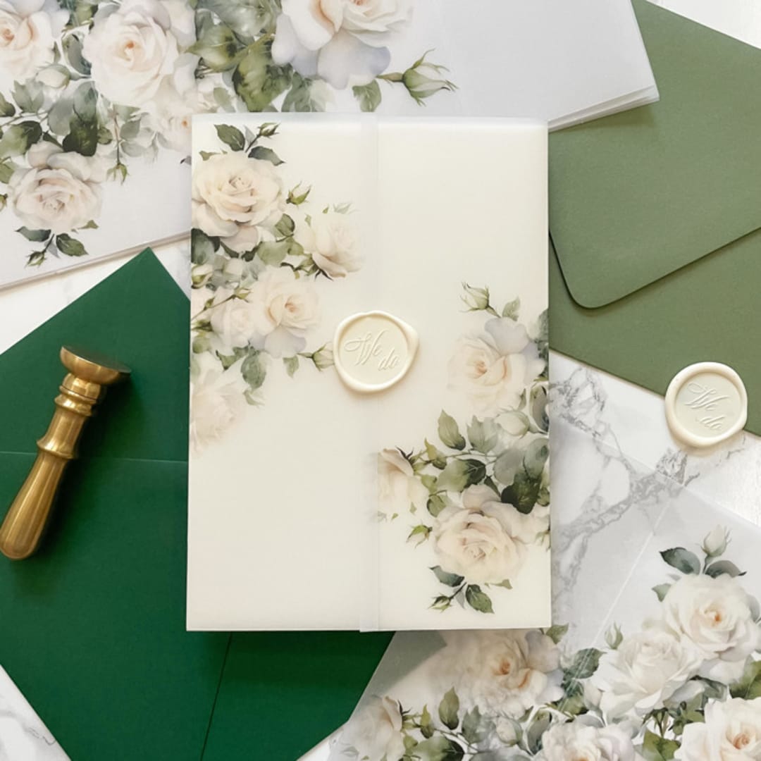"White Rose Vellum Jacket for Wedding Invitations (10 Pack)" - Invitation Jackets and Overlays in clear by Carley Zuercher