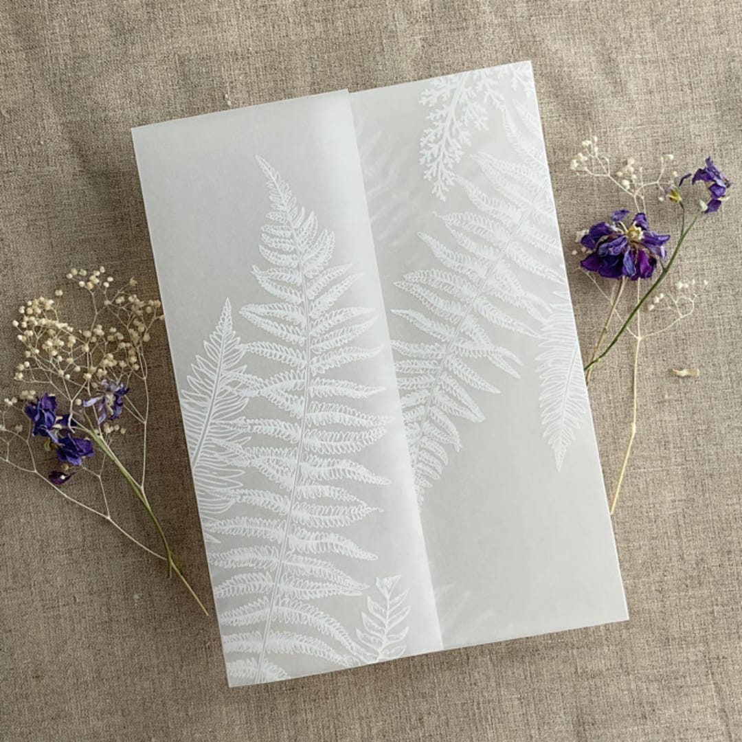 "White fern leaves greenery printed vellum wrap for 5x7 card  | pack of 10" - Invitation Jackets and Overlays in white by Ivory Invitations