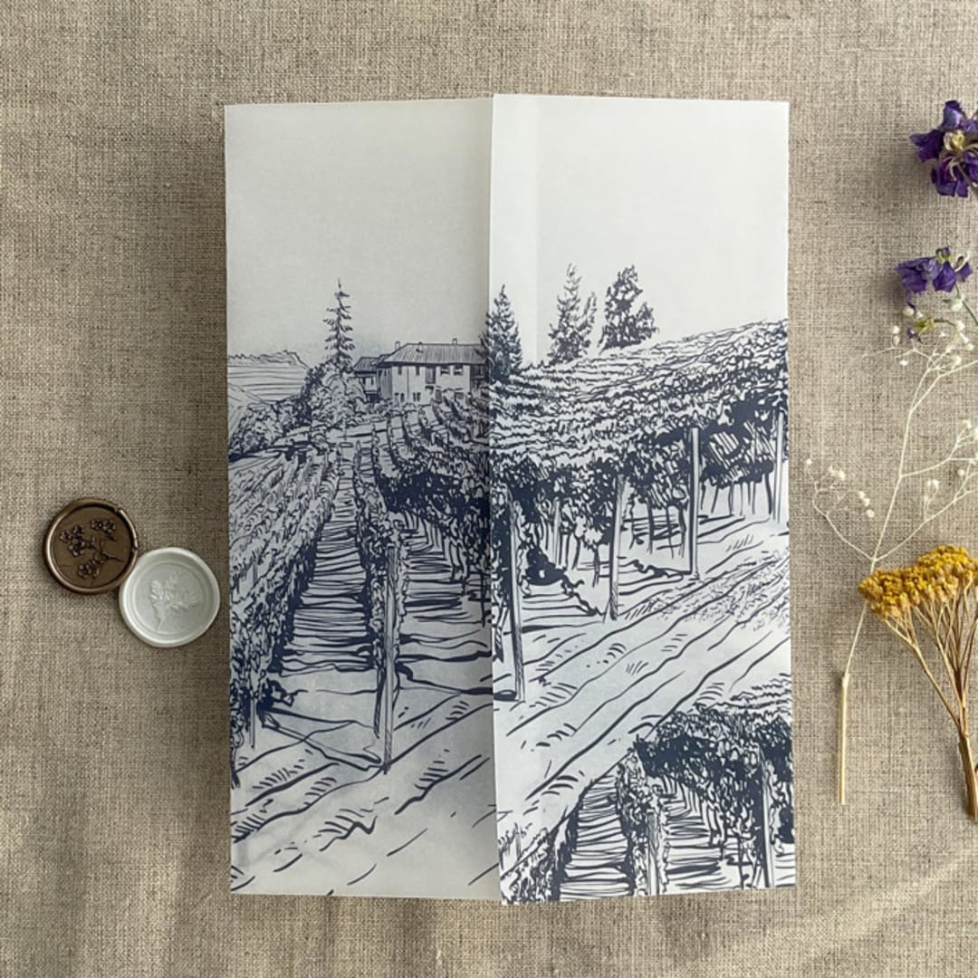 "Marin blue vineyard landscape sketch printed vellum wrap for 5x7 card | pack of 10" - Invitation Jackets and Overlays in blue by Ivory Invitations