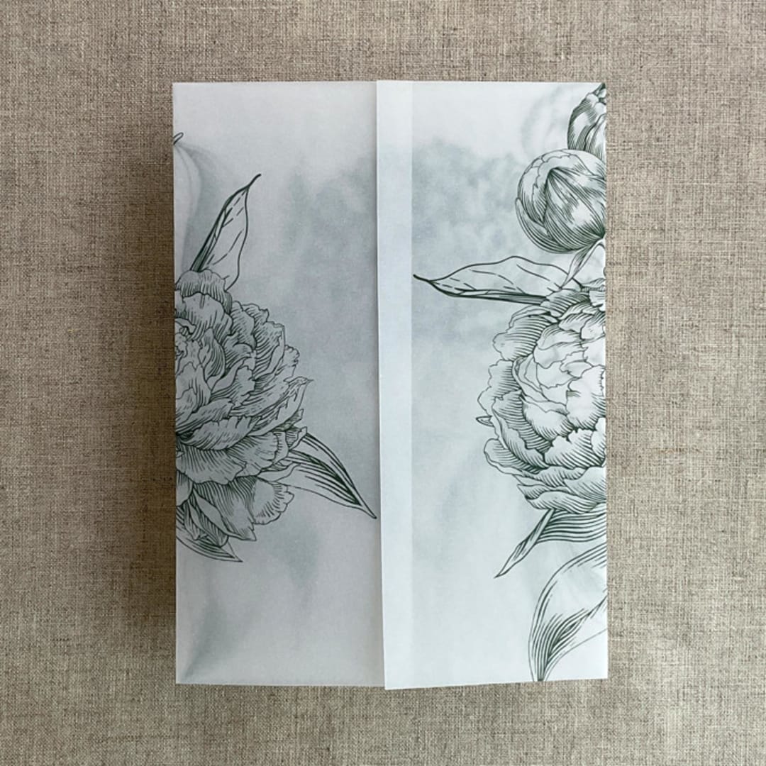"Forest etched grand peony floral printed vellum wrap for 5x7 card  | pack of 10" - Invitation Jackets and Overlays in green by Ivory Invitations