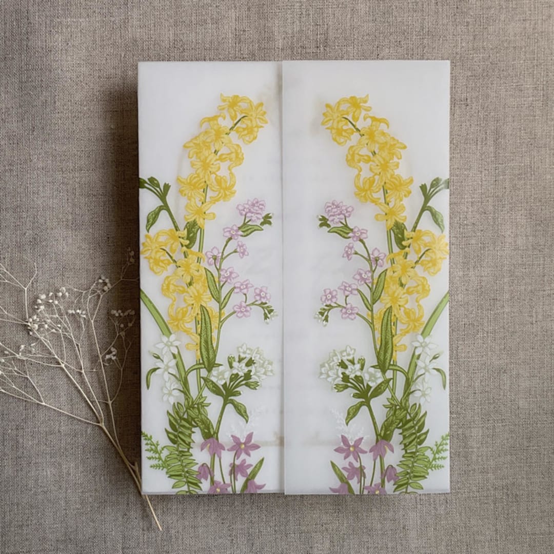 "Eleanor yellow and pink floral botanic garden printed vellum wrap for 5x7 card | pack of 10" - Invitation Jackets and Overlays in yellow by Ivory Invitations