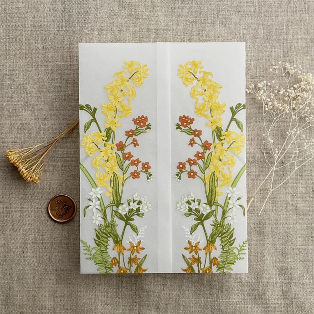 "Eleanor yellow and burnt orange floral botanic garden printed vellum wrap for 5x7 card | pack of 10" - Invitation Jackets and Overlays in yellow by Ivory Invitations