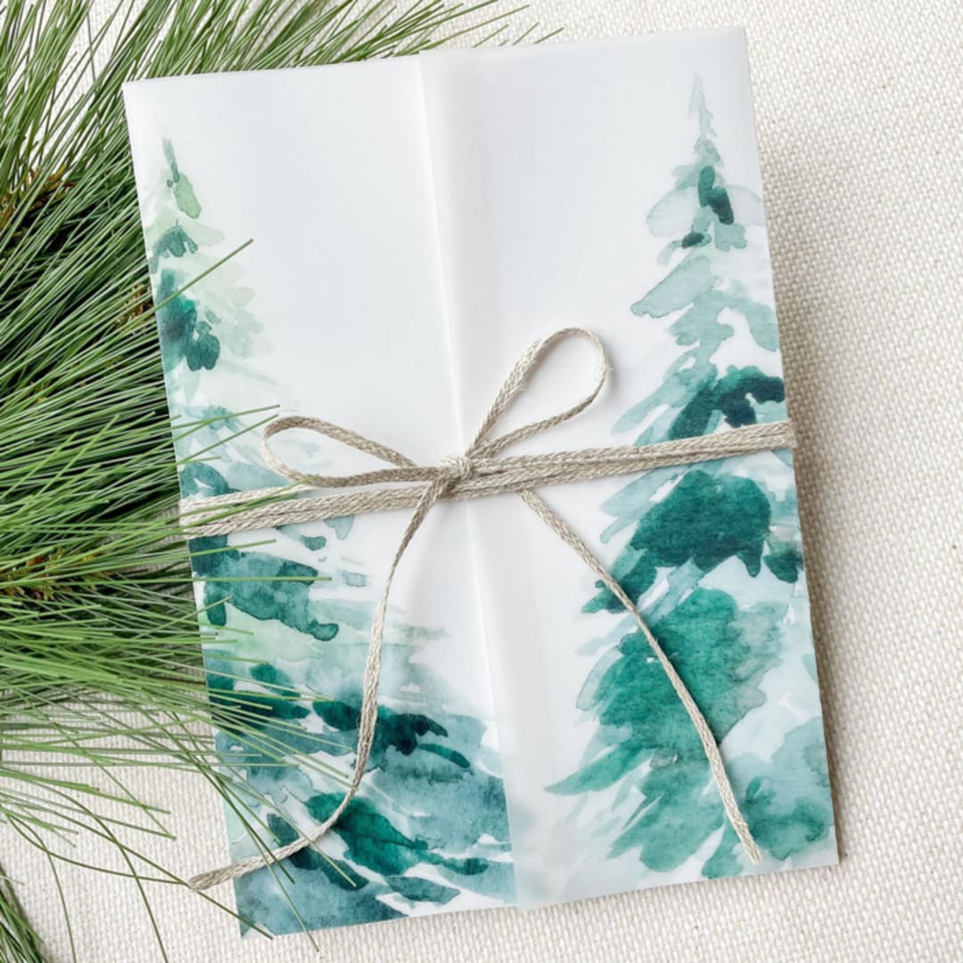 "Evergreen Trees Vellum Jacket | Set of 10" - Invitation Jackets and Overlays in green by Megan Tendler