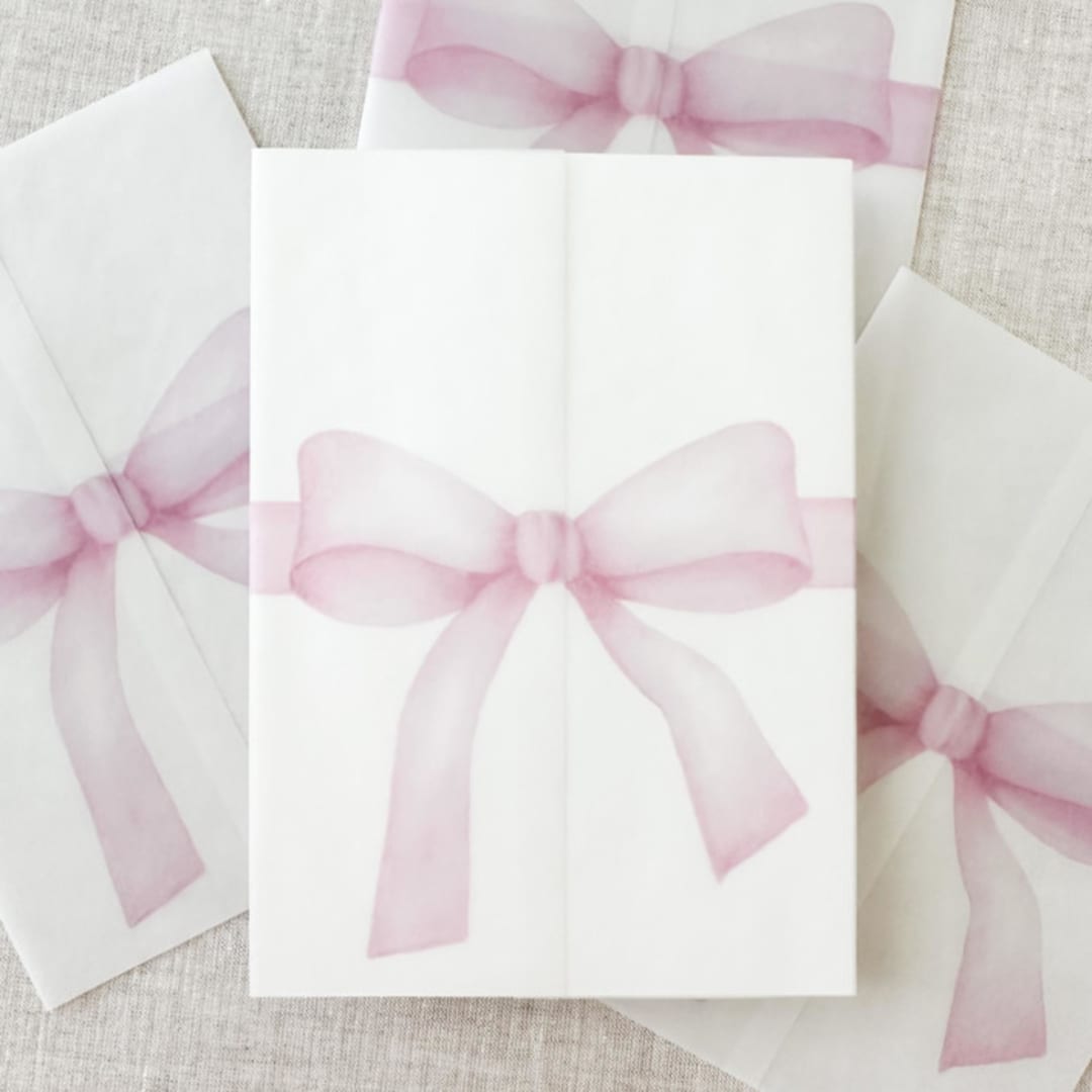 "Pink bow watercolor vellum jacket | Set of 10" - Invitation Jackets and Overlays in pink by Maria Ferrer G.