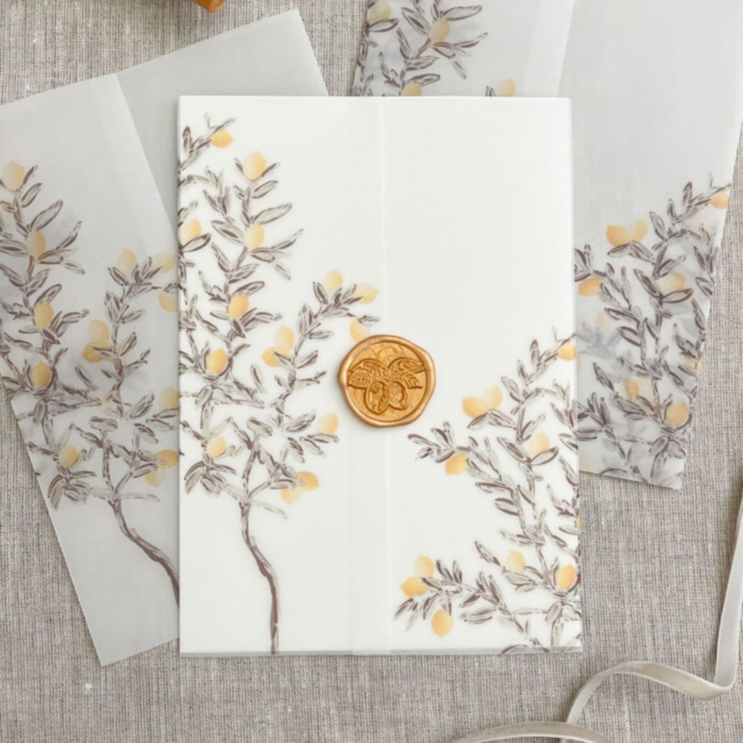 "Lemon tree vellum wrap for 5x7 invitations | Set of 10" - Invitation Jackets and Overlays in multicolorassorted-colors by Maria Ferrer G.