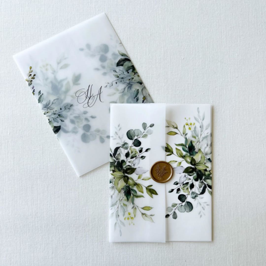 "Rustic Greenery Vellum Wraps, "customizable" | Set of 10" - Invitation Jackets and Overlays in green by Eva Friesen