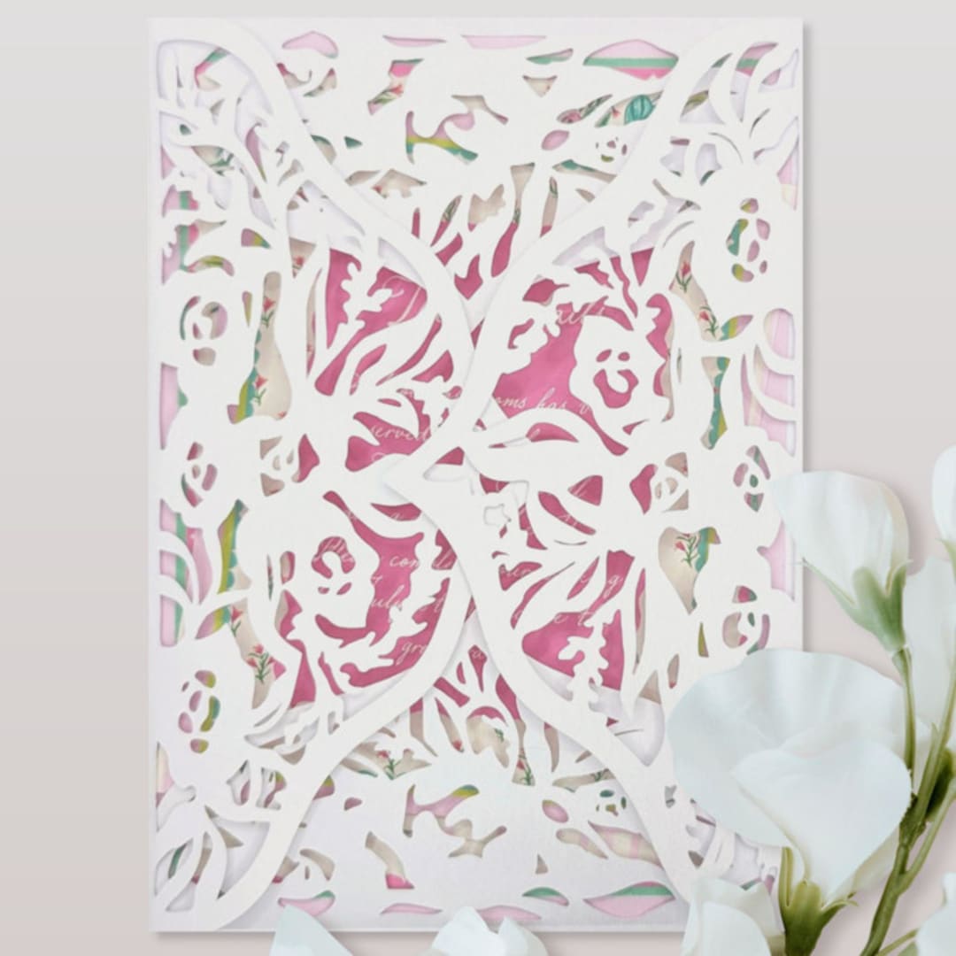 "White, Romantic Floral, Laser Cut Invitation Jacket" - Invitation Jackets and Overlays in white by The Savage Label