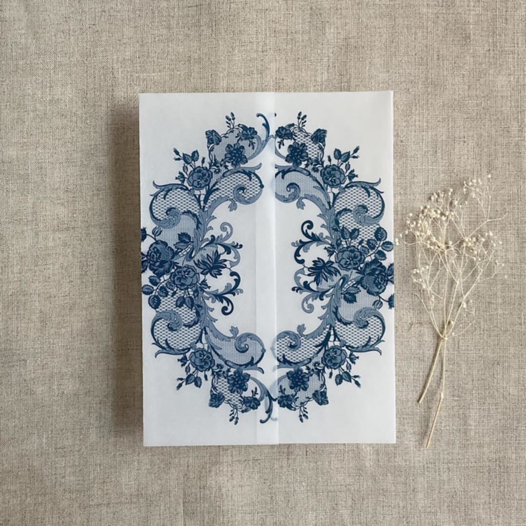 "Navy La belle rose lace printed vellum wrap for 5x7 card  | pack of 10" - Invitation Jackets and Overlays in blue by Ivory Invitations