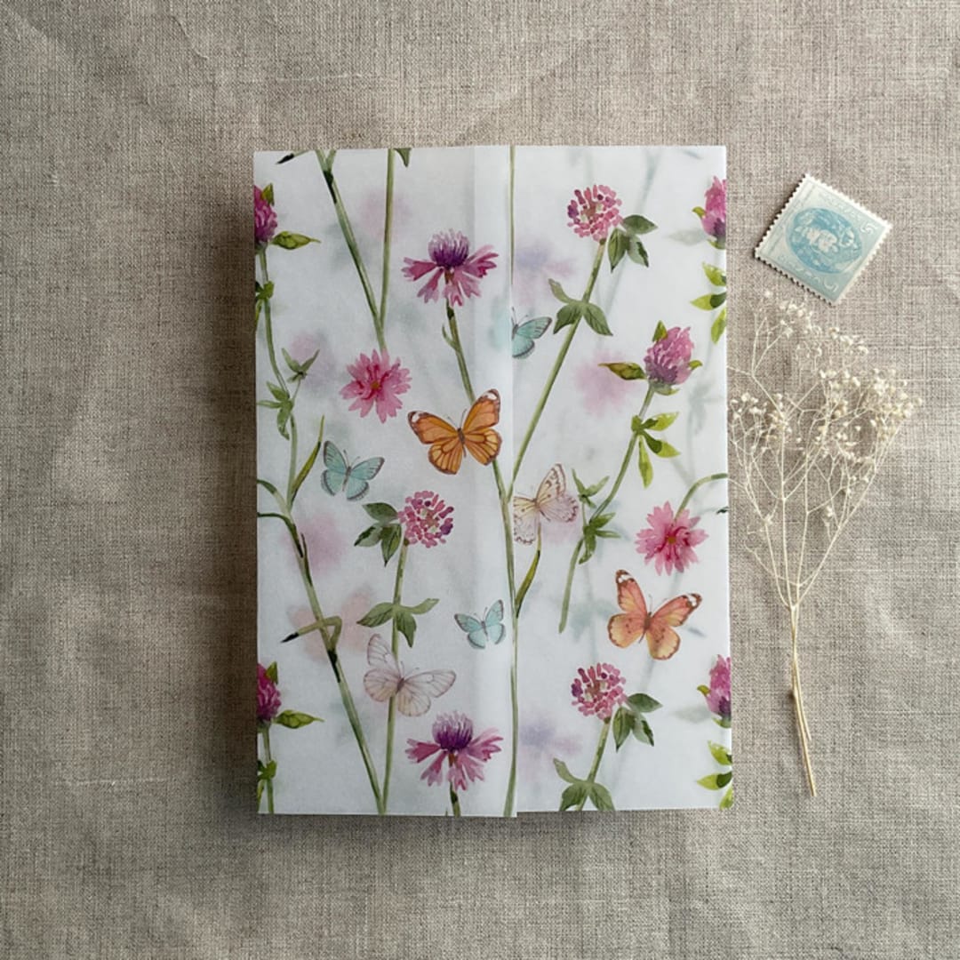 "Clover flower and butterfly Colorful summer botanical garden printed vellum wrap for 5x7 card | pack of 10" - Invitation Jackets and Overlays in multicolor by Ivory Invitations