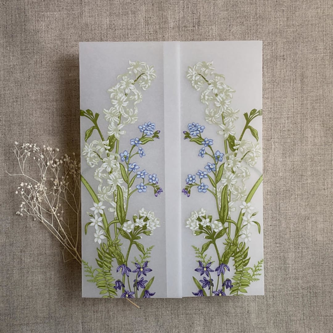 "Eleanor white and blue floral botanic garden printed vellum wrap for 5x7 card | pack of 10" - Invitation Jackets and Overlays in white by Ivory Invitations