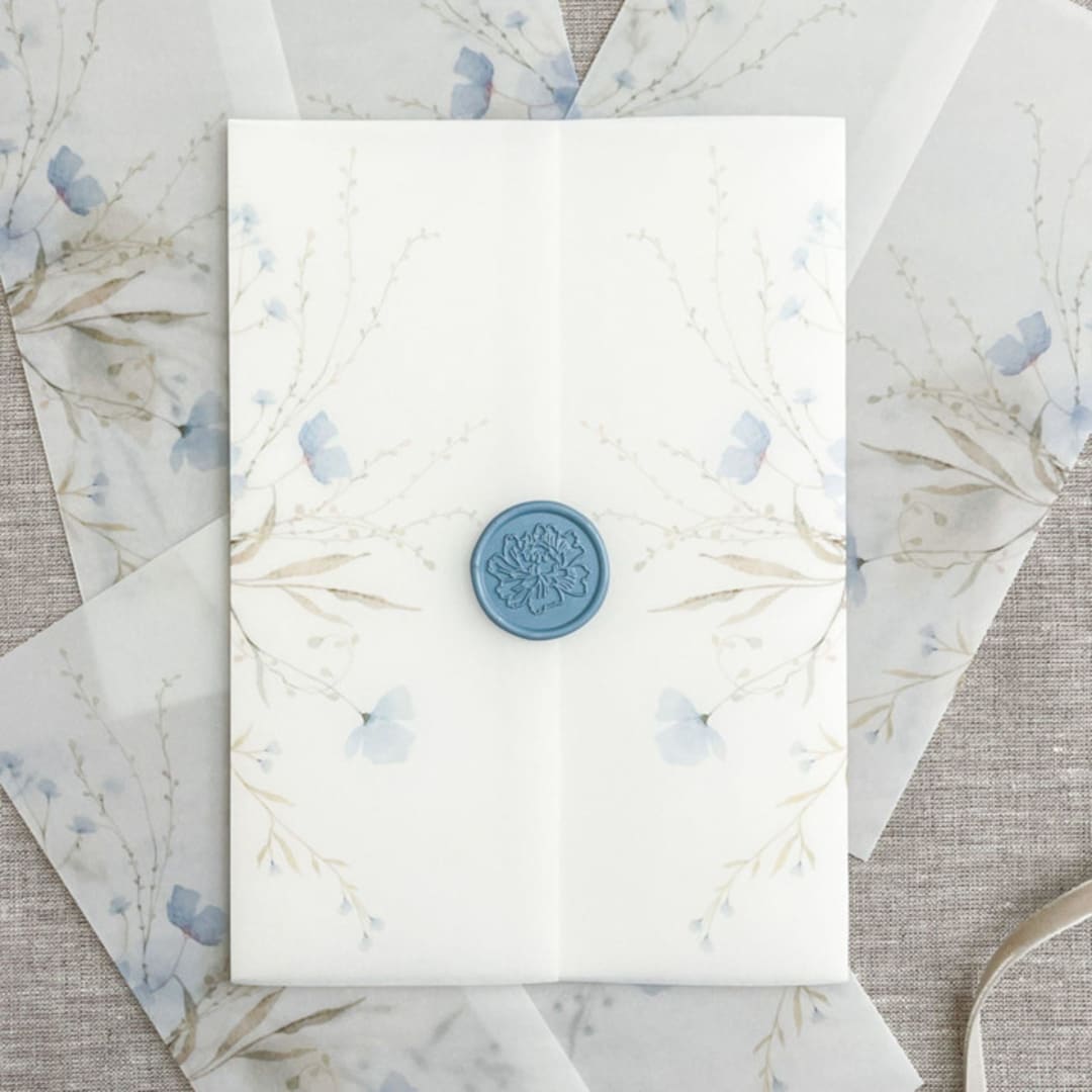 "Blue wildflowers vellum wraps for 5x7 invitations | set of 10" - Invitation Jackets and Overlays in multicolorassorted-colors by Maria Ferrer G.