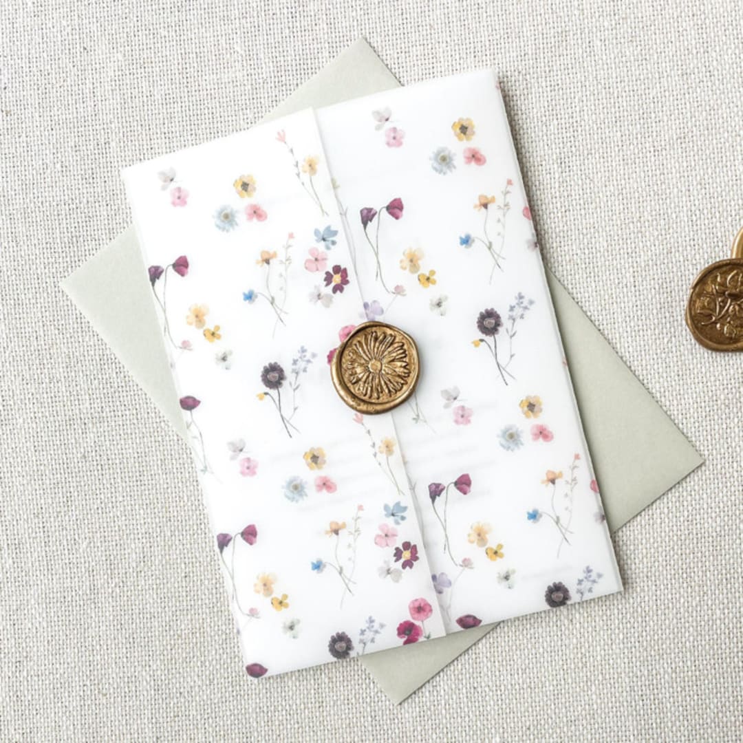 "Watercolor Pressed Flowers Vellum Jacket | Set of 10" - Invitation Jackets and Overlays in multicolor by Megan Tendler