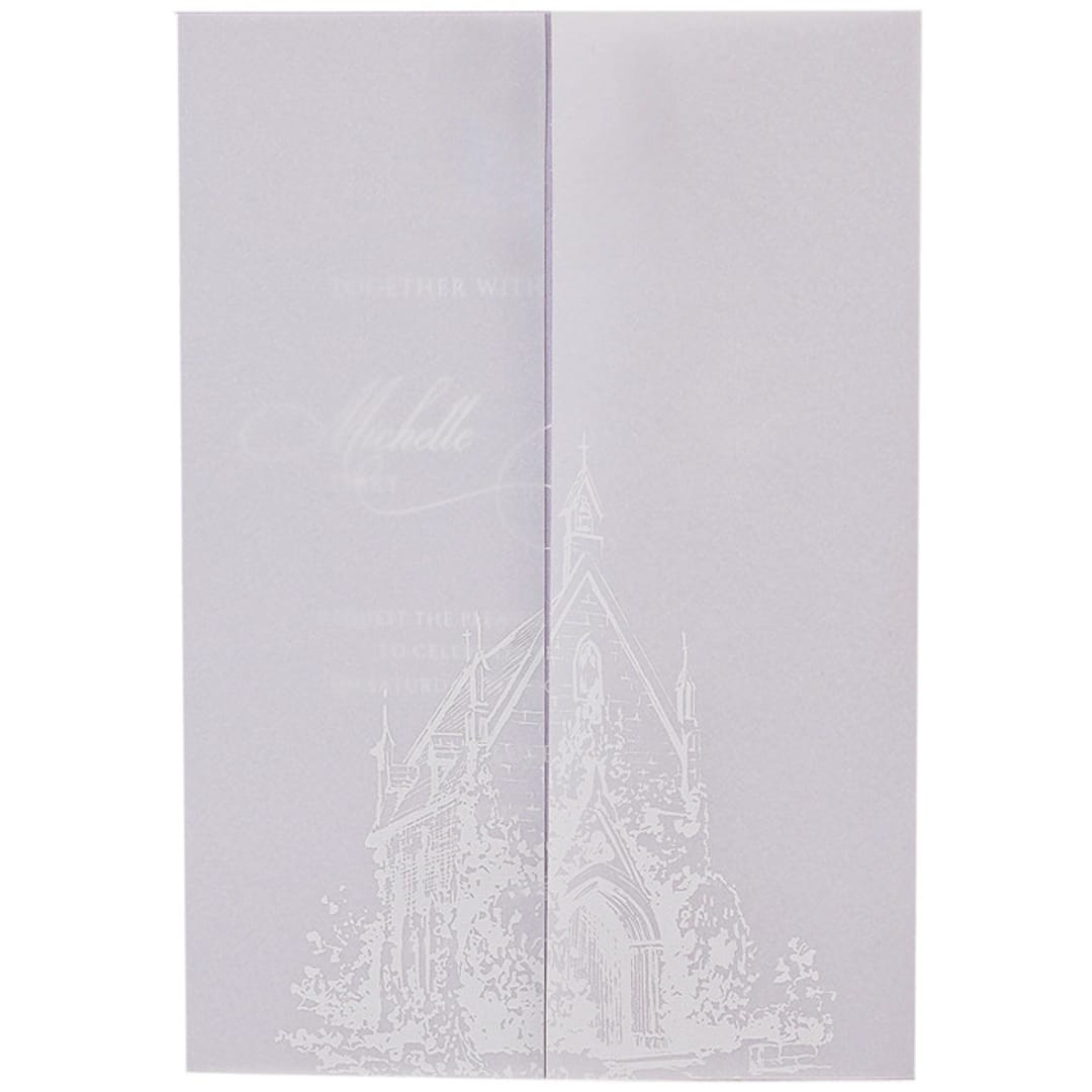 "Vellum Jacket with Small Wooden Church, Set of 10" - Invitation Jackets and Overlays in white by Self Stationery