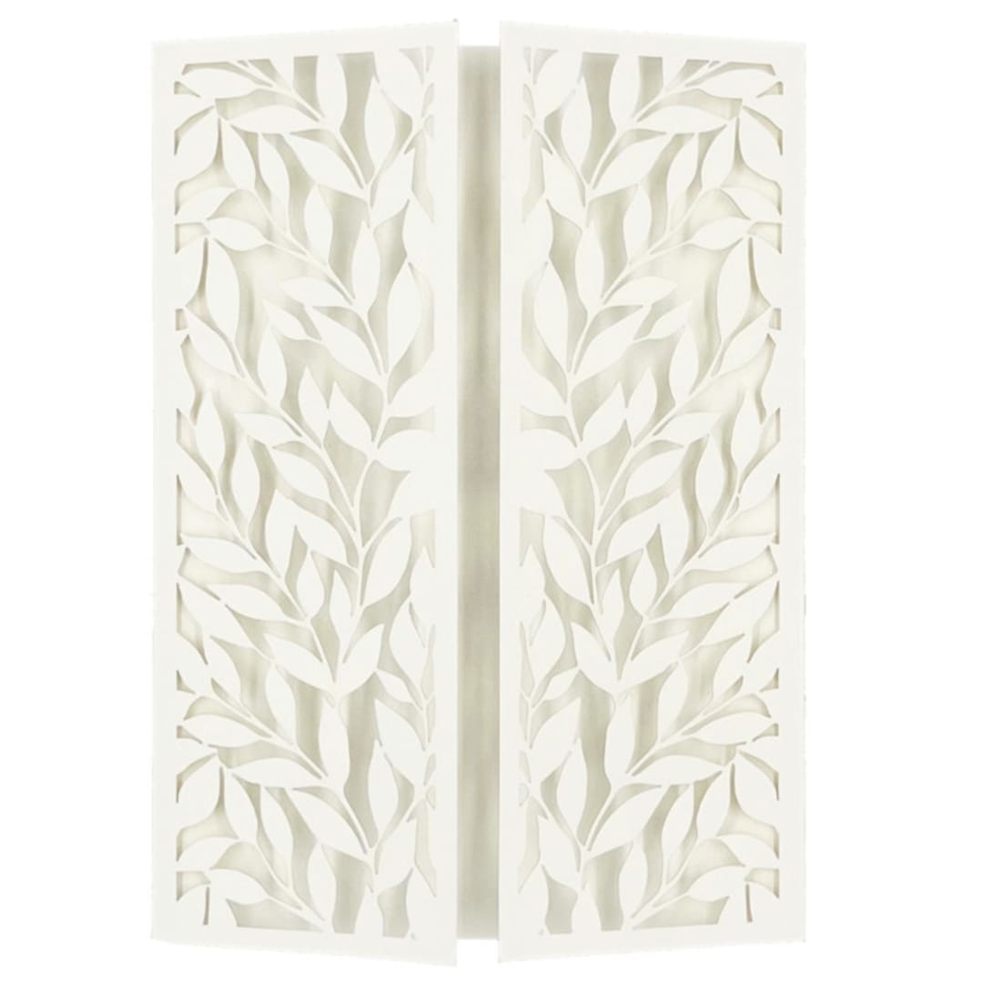 "Laser Cut Gatefold with Leaf Motif for 5x7 Card | Set of 10 | Envelopes Included" - Invitation Jackets and Overlays in white by Self Stationery