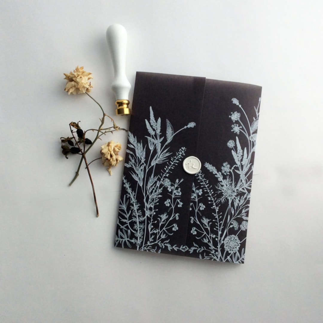 "Black Colored vellum English botanical garden floral printed vellum wrap for 5x7 card  | pack of 10" - Invitation Jackets and Overlays in black by Ivory Invitations