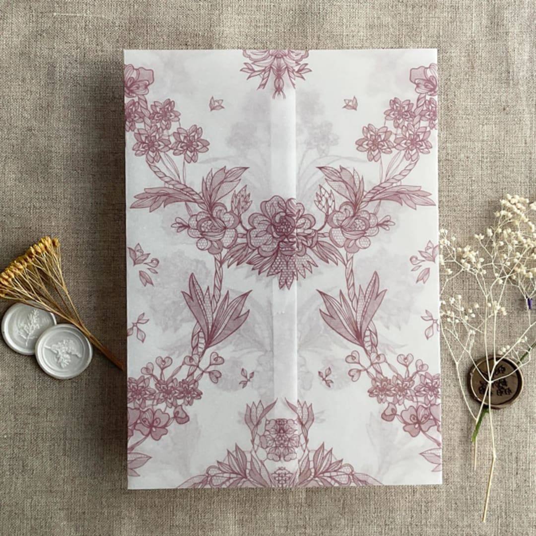 "Venetian floral lace mauve color printed vellum wrap for 5x7 card | pack of 10" - Invitation Jackets and Overlays in purple by Ivory Invitations