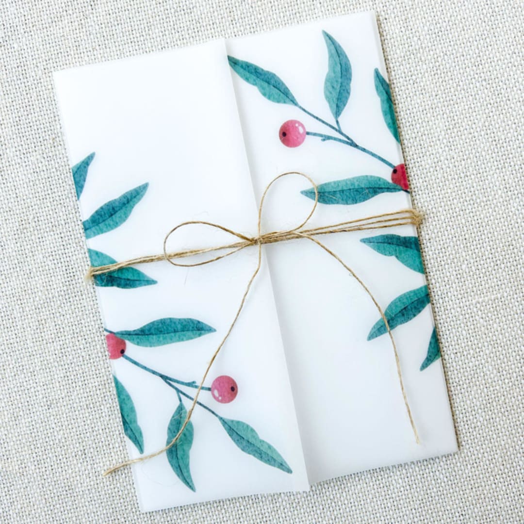 "Red Berries Vellum Jackets | Set of 10" - Invitation Jackets and Overlays in green by Megan Tendler