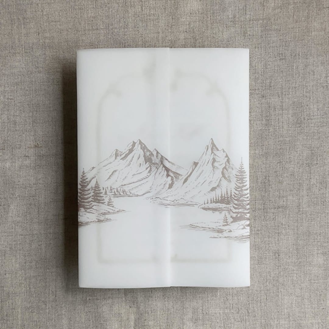 "Cashmere mountain sketch printed vellum wrap for 5x7 card | pack of 10" - Invitation Jackets and Overlays in beige by Ivory Invitations