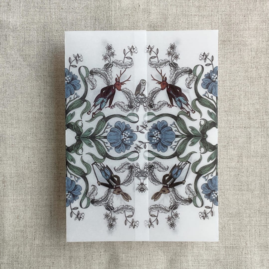 "Blue enchanted forest printed vellum wrap for 5x7 card | pack of 10" - Invitation Jackets and Overlays in blue by Ivory Invitations