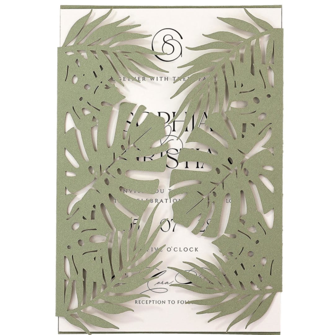 "Tropical Monstera Leaf Laser Cut Sage Green Jacket for 5x7 Card | Set of 10 | Envelopes Included" - Invitation Jackets and Overlays in green by Self Stationery