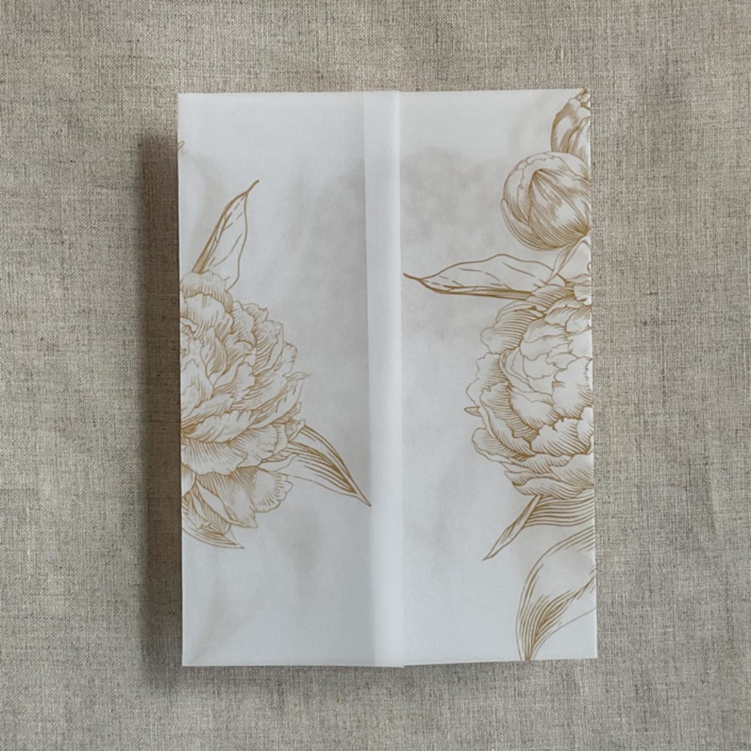 "Faux Gold etched grand peony floral printed vellum wrap for 5x7 card  | pack of 10" - Invitation Jackets and Overlays in gold by Ivory Invitations