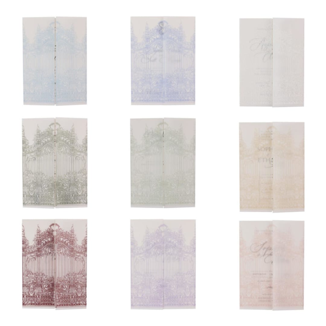 "Samples of Vellum Jackets for 5 x 7 Invitation with Envelopes | Set of 3" - Invitation Jackets and Overlays in white by Self Stationery