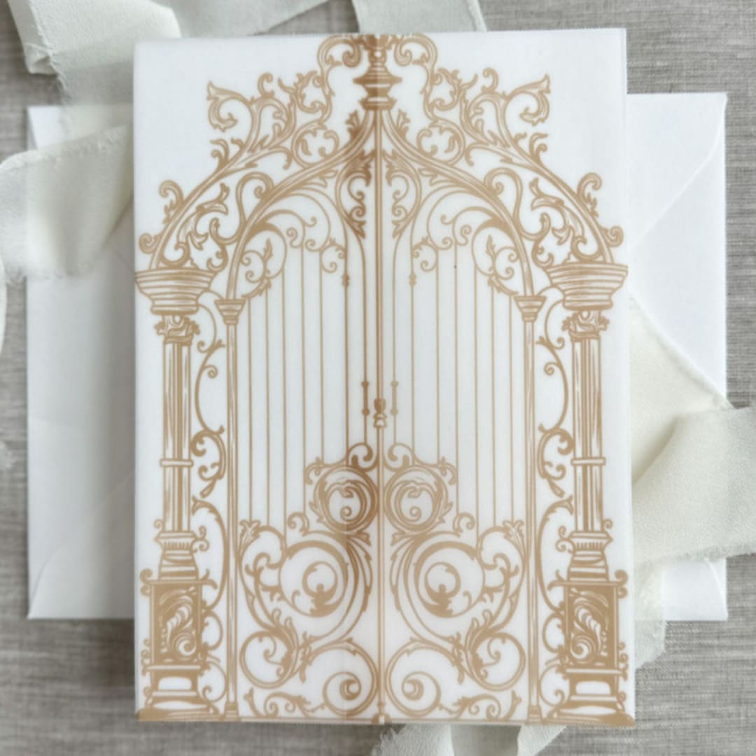 "Faux gold ornamental gate vellum jacket for invitations | Set of 10" - Invitation Jackets and Overlays in gold by Maria Ferrer G.