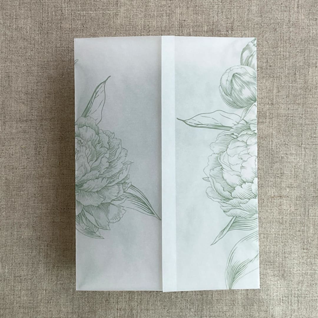 "Sage etched grand peony floral printed vellum wrap for 5x7 card | pack of 10" - Invitation Jackets and Overlays in green by Ivory Invitations