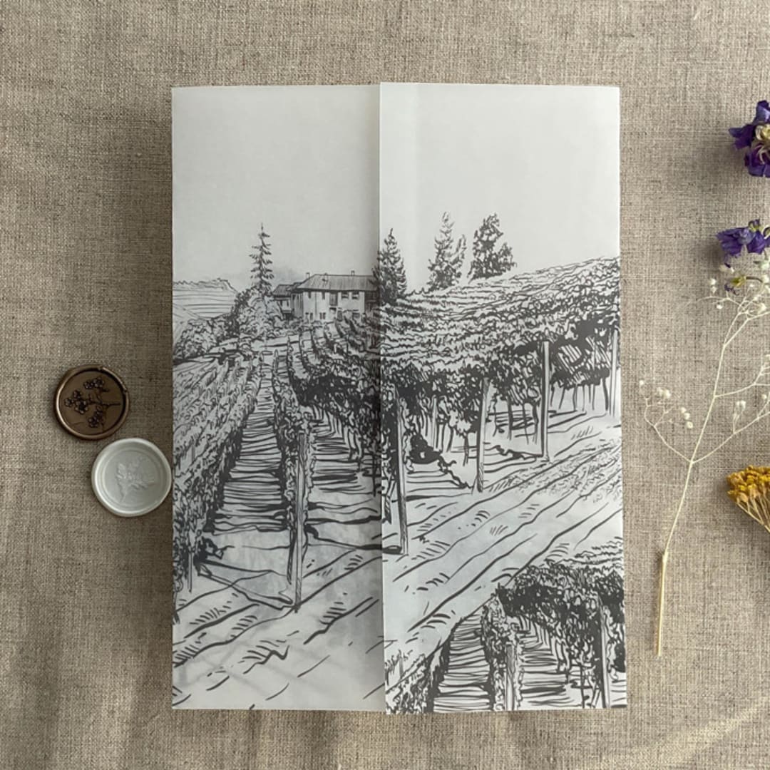 "Slate gray vineyard landscape sketch printed vellum wrap for 5x7 card | pack of 10" - Invitation Jackets and Overlays in gray by Ivory Invitations
