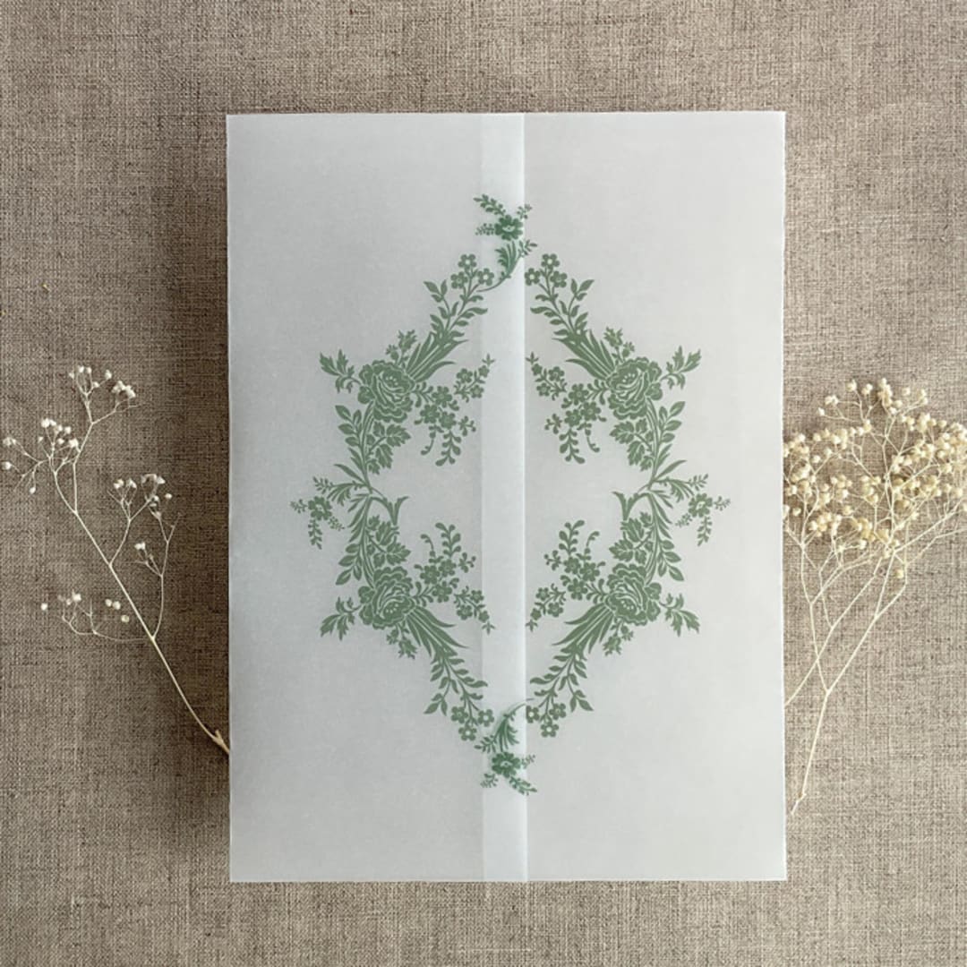 "Sage print French floral crest vellum wrap for 5x7 card | pack of 10" - Invitation Jackets and Overlays in green by Ivory Invitations