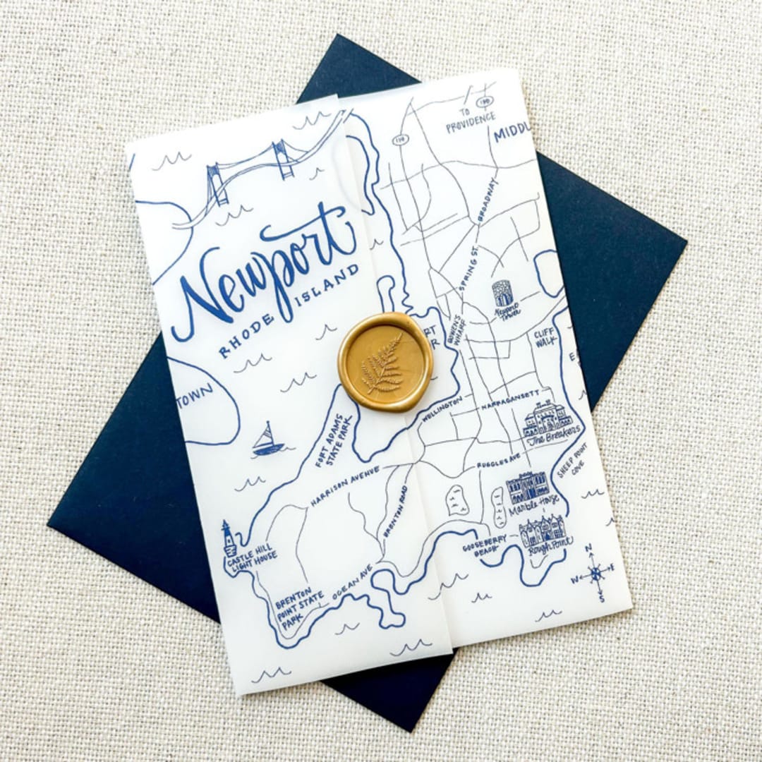"Newport Wedding Map Vellum Jackets | Set of 10 | Blue & Green Color Options" - Invitation Jackets and Overlays in blue by Megan Tendler