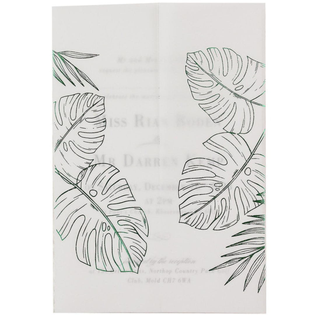 "Green Foil, Tropical Real Greenery Vellum Wraps for 5x7 Card, Set of 10" - Invitation Jackets and Overlays in green by Self Stationery