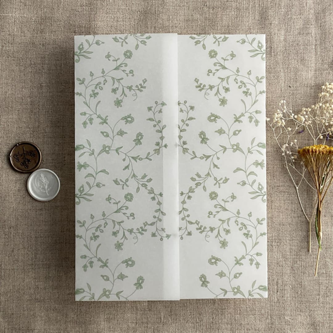 "Sage dainty floral vines printed vellum wrap for 5x7 card  | pack of 10" - Invitation Jackets and Overlays in green by Ivory Invitations