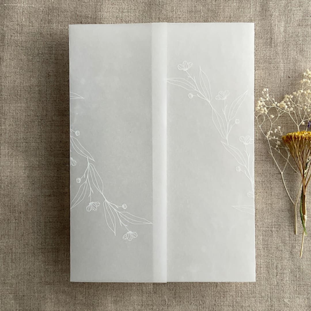 "Jessica white ink print minimalist flowers vellum wrap for 5x7 card | pack of 10" - Invitation Jackets and Overlays in white by Ivory Invitations