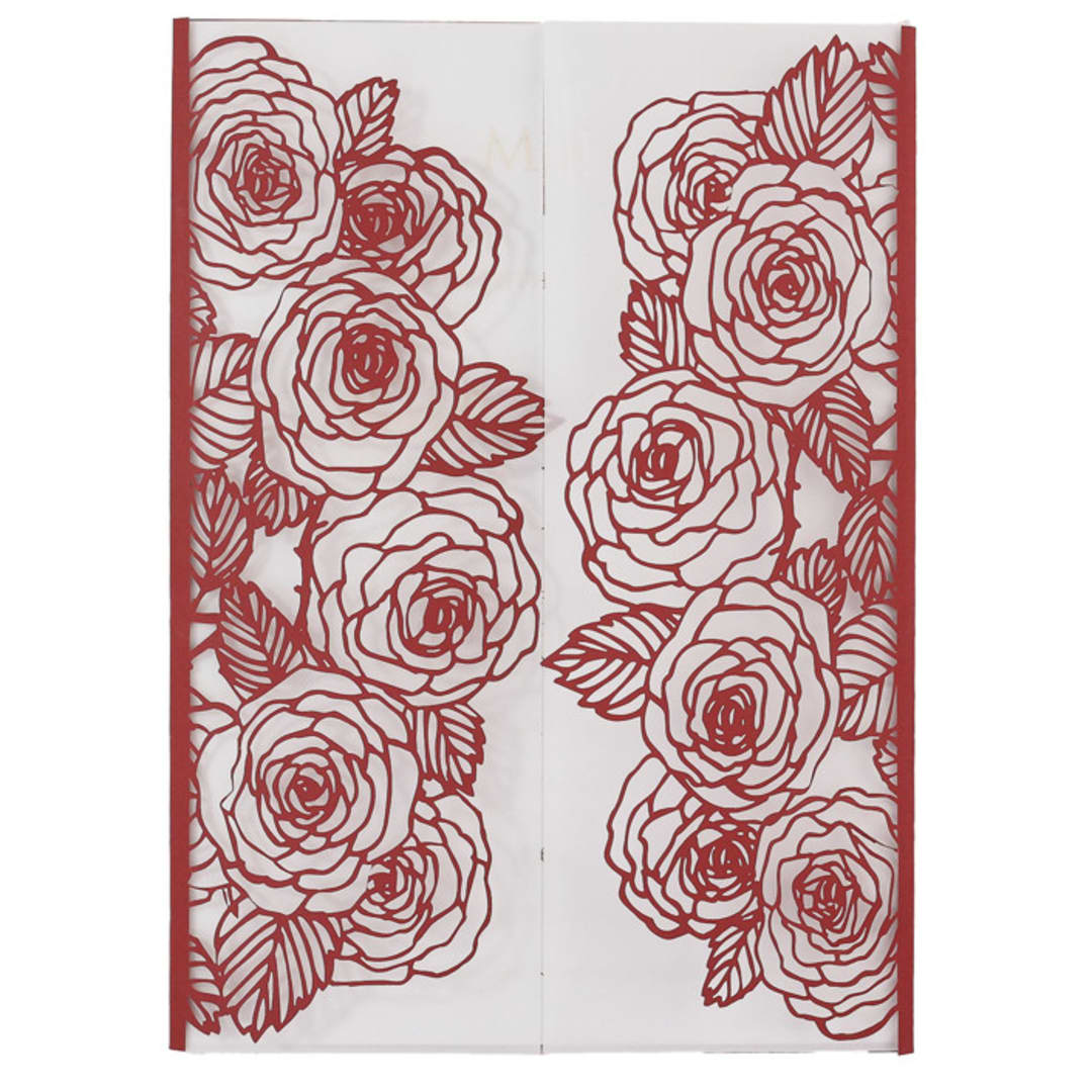 "Laser Cut Cover With a Delicate Pattern of Roses for 5x7 Card | Set of 10 | Envelopes Included" - Invitation Jackets and Overlays in red by Self Stationery