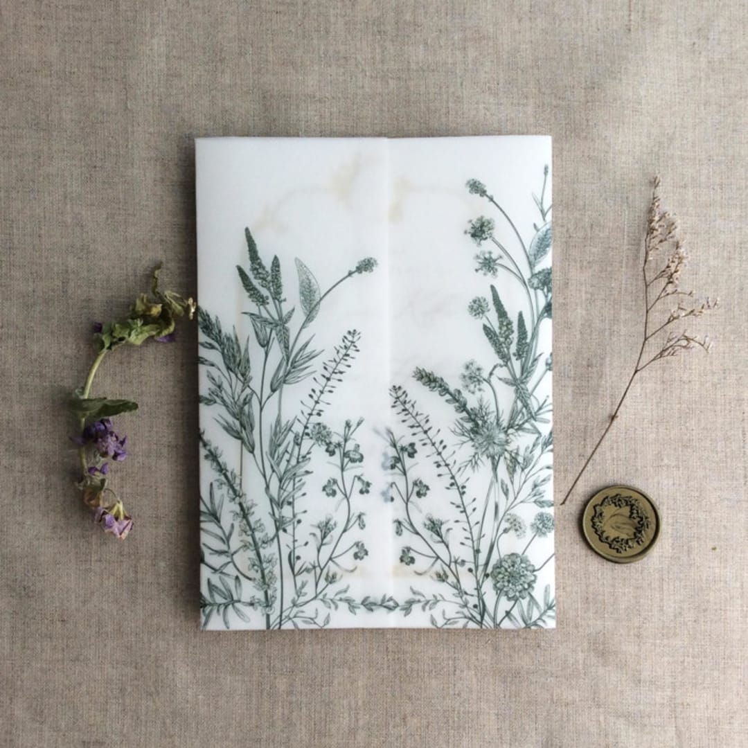 "Forest green English botanical garden floral vellum wrap for 5x7 card | pack of 10" - Invitation Jackets and Overlays in green by Ivory Invitations