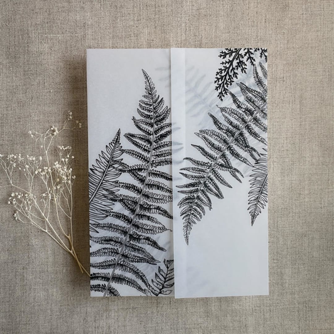 "Black fern leaves greenery printed vellum wrap for 5x7 card  | pack of 10" - Invitation Jackets and Overlays in black by Ivory Invitations