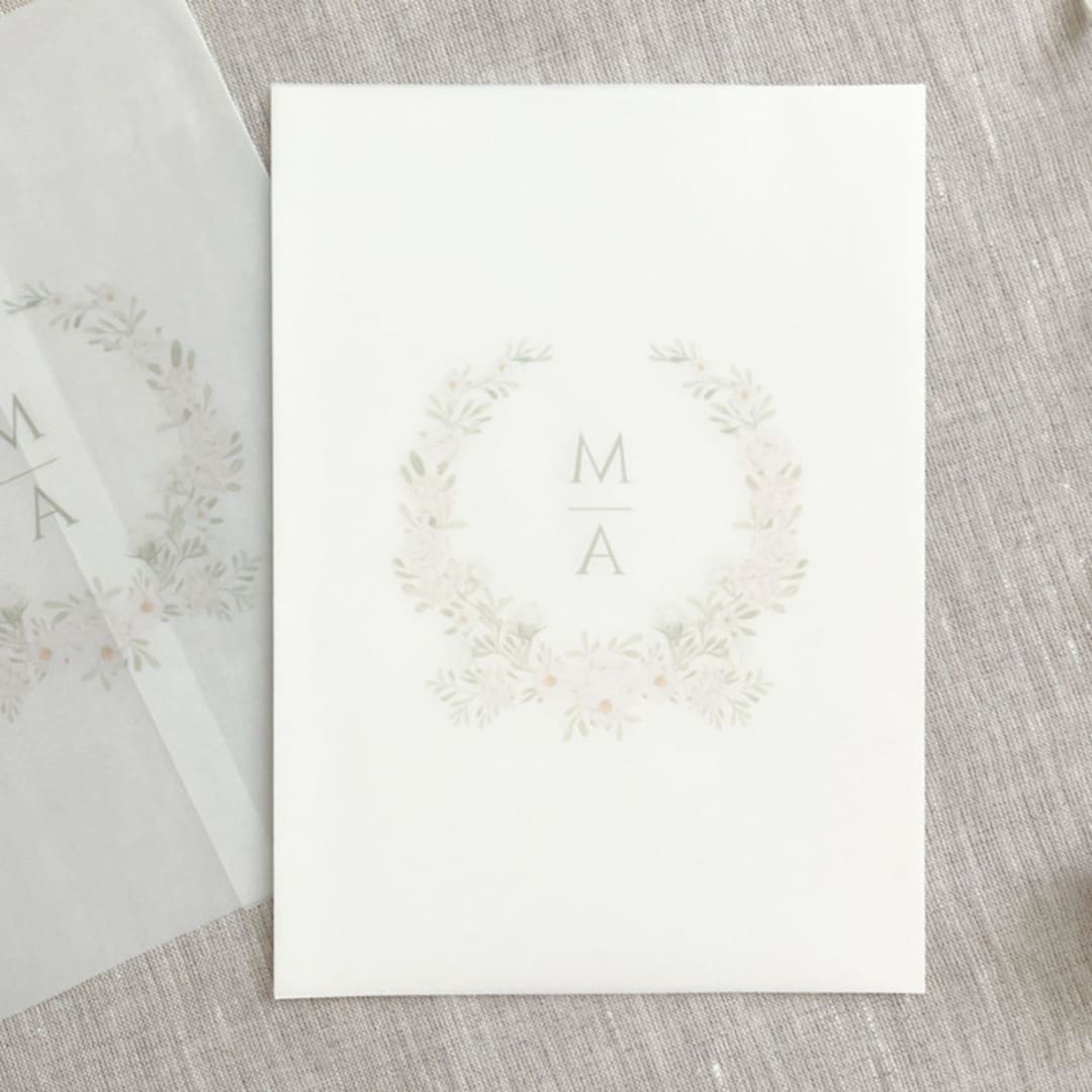 "Custom initials and floral wreath vellum wrap for invitations | Set of 10" - Invitation Jackets and Overlays in multicolorassorted-colors by Maria Ferrer G.