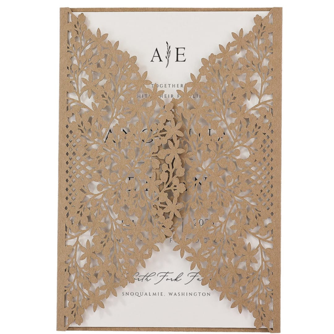 "Flowral Motif Laser Cut Invitation Cover for 5x7 Card | Set of 10 | Envelopes Included" - Invitation Jackets and Overlays in brown by Self Stationery