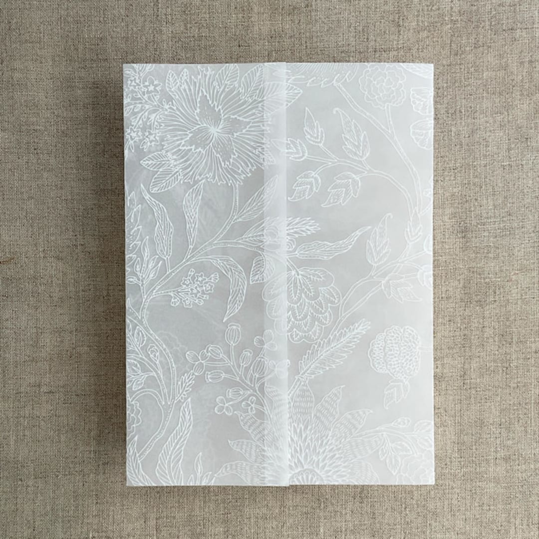 "White ink print Victorian botanical garden vellum wrap for 5x7 card | pack of 10" - Invitation Jackets and Overlays in white by Ivory Invitations