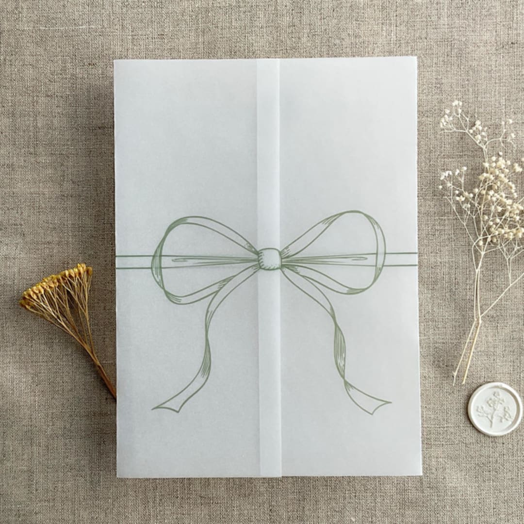 "Sage ribbon bow printed vellum wrap for 5x7 card | pack of 10" - Invitation Jackets and Overlays in green by Ivory Invitations
