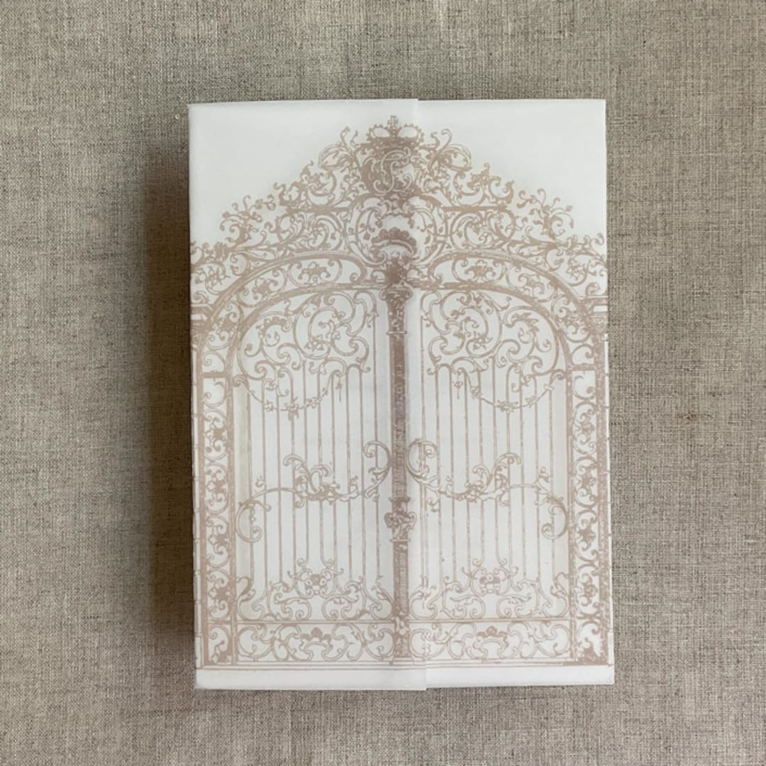 "Cashmere vintage arched gate printed vellum wrap for 5x7 card | pack of 10" - Invitation Jackets and Overlays in beige by Ivory Invitations