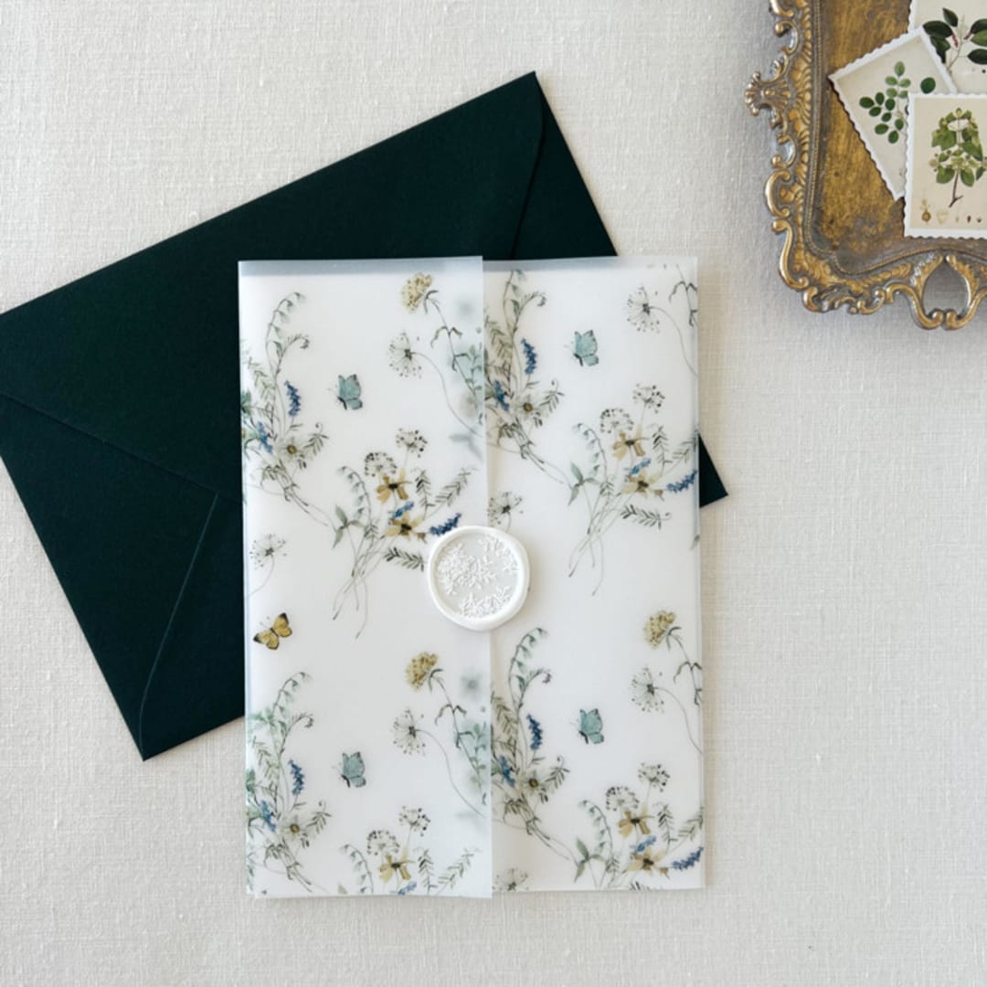 "Blue, Pink and Yellow Wildflowers and butterflies Vellum Jacket for Wedding Invitation | Set of 10" - Invitation Jackets and Overlays in multicolorassorted-colors by Eva Friesen