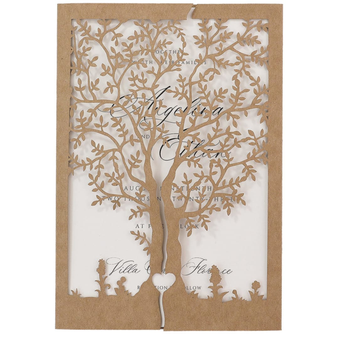 "Laser Cut Cover With a Motif of Tree | Set of 10 | Envelopes Included" - Invitation Jackets and Overlays in brown by Self Stationery