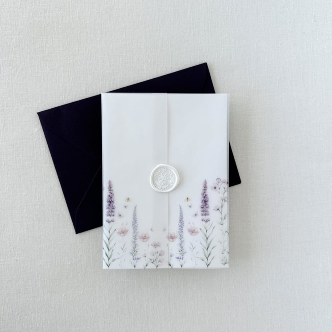 "Lavender Wildflower Vellum Wedding Invitation Jacket, Set of 10" - Invitation Jackets and Overlays in purple by Eva Friesen