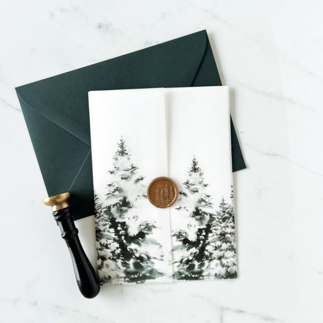 "Evergreen Tree Vellum Jackets | Set of 10" - Invitation Jackets and Overlays in green by Eva Friesen