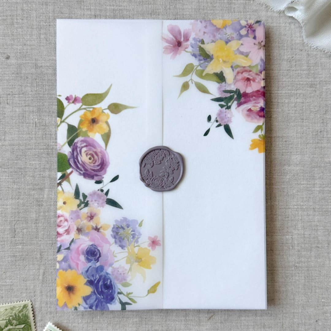 "Spring colorful florals vellum jacket | Set of 10" - Invitation Jackets and Overlays in multicolor by Maria Ferrer G.